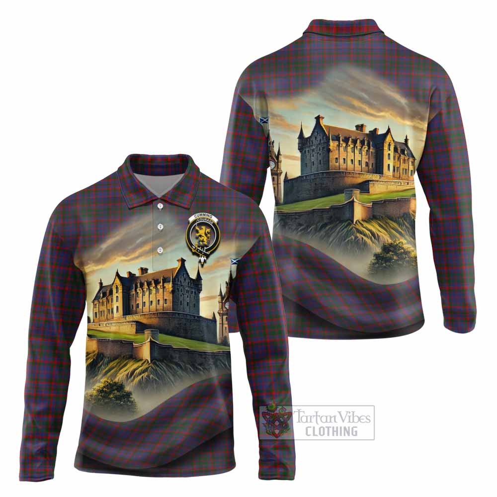 Tartan Vibes Clothing Cumming Tartan Family Crest Long Sleeve Polo Shirt with Scottish Ancient Castle Style
