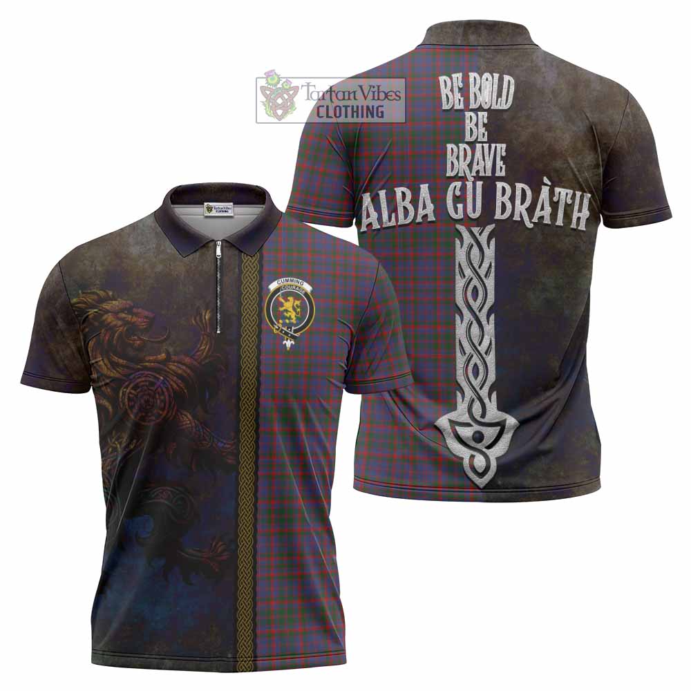 Tartan Vibes Clothing Cumming Tartan Family Crest Zipper Polo Shirt Alba Gu Brath Be Brave Lion Ancient Style