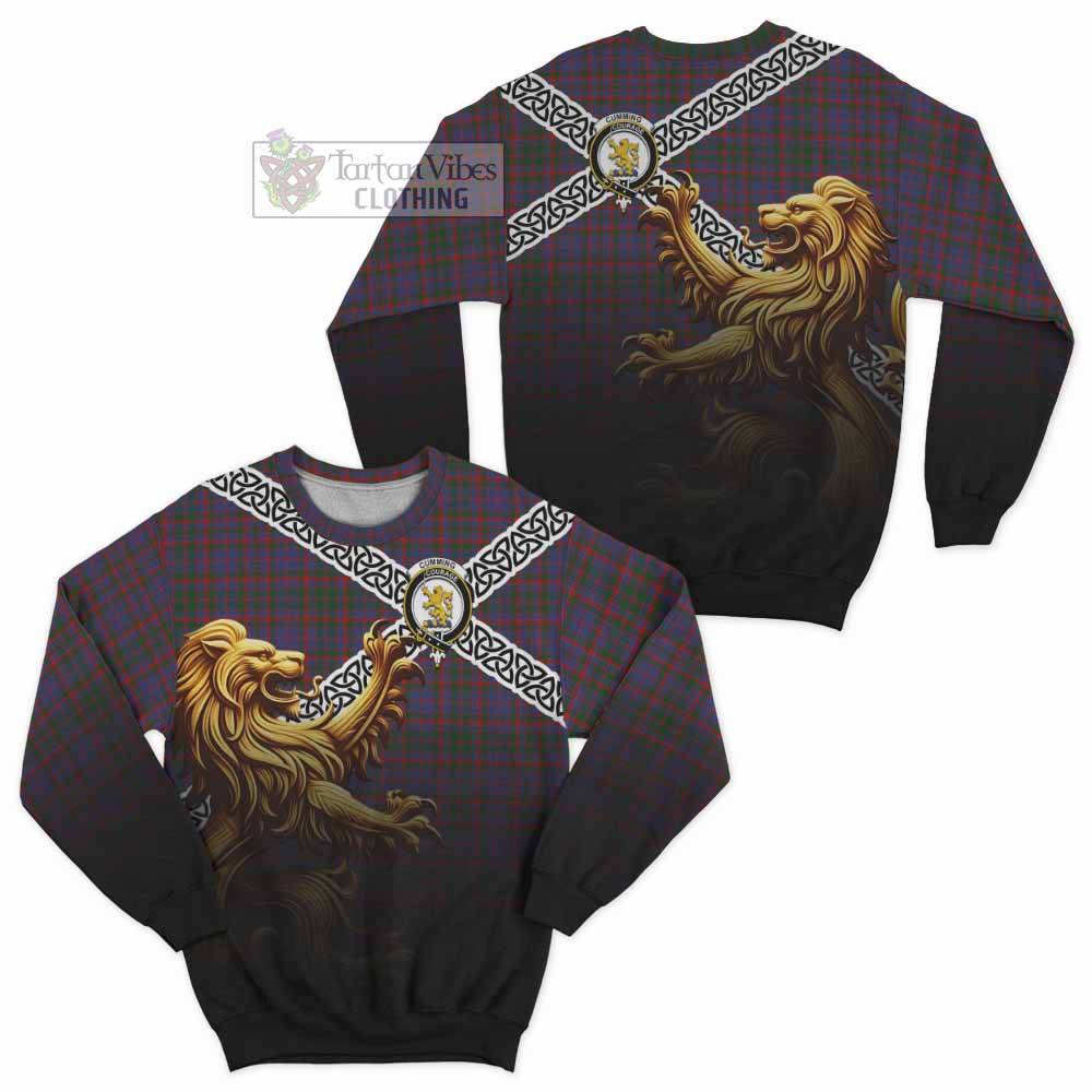 Tartan Vibes Clothing Cumming Crest Tartan Sweatshirt with Golden Lion Emblem Celtic Style