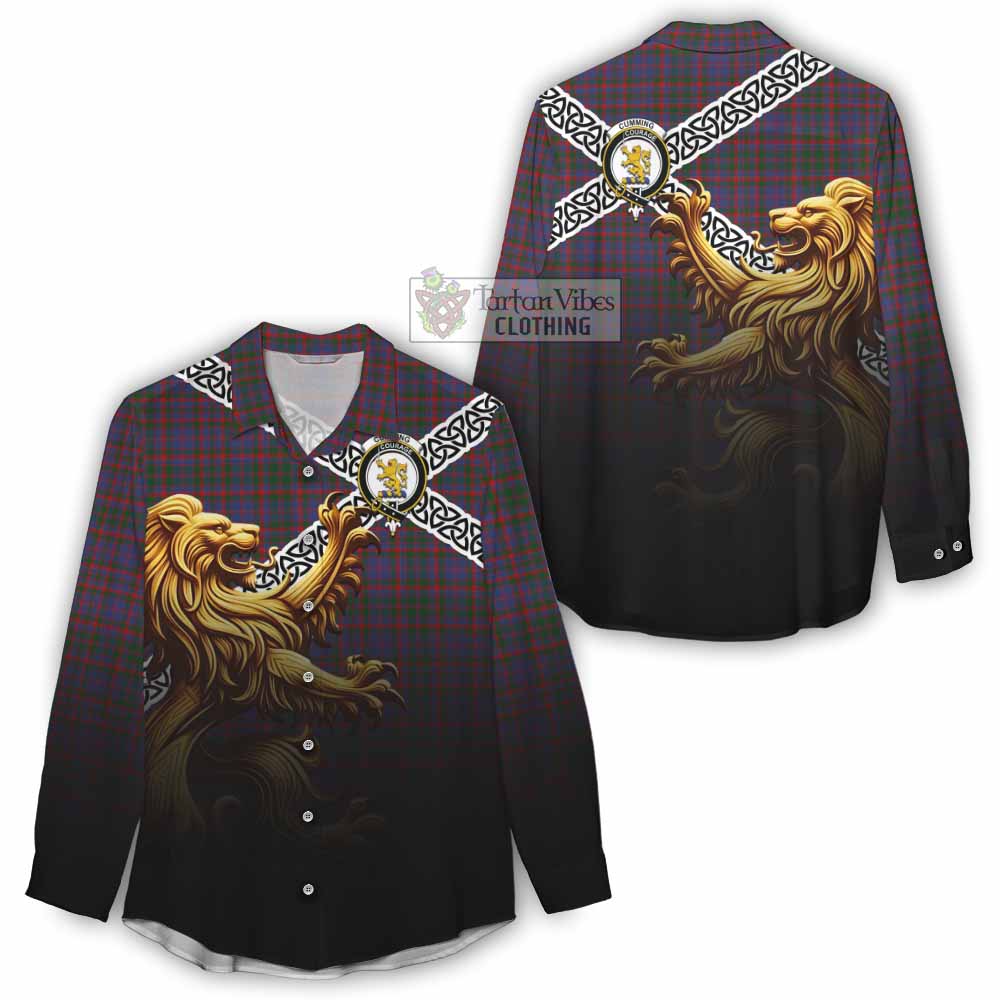 Tartan Vibes Clothing Cumming Crest Tartan Women's Casual Shirt with Golden Lion Emblem Celtic Style