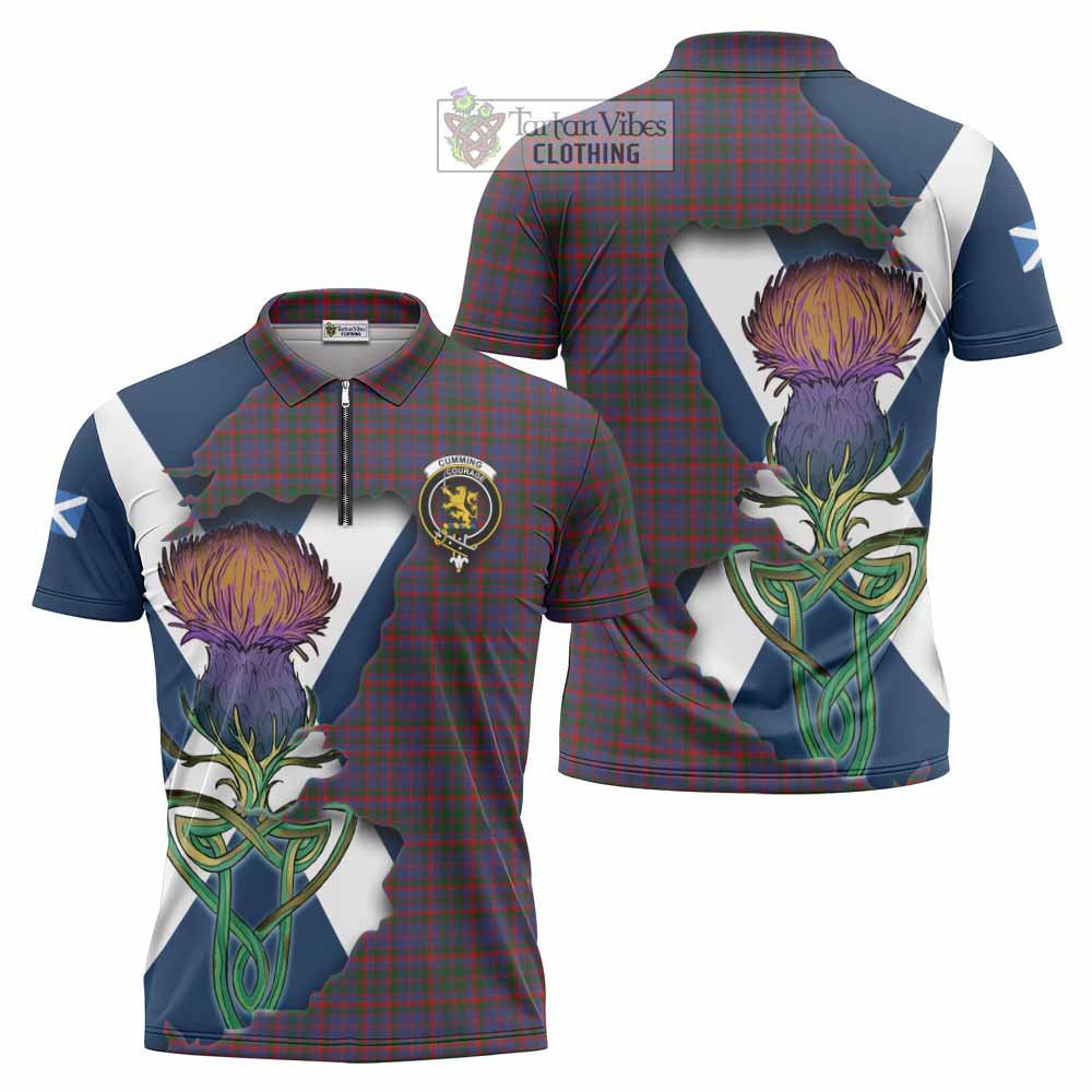 Tartan Vibes Clothing Cumming Tartan Family Crest Zipper Polo Shirt Scottish Thistle Celtic Inspired