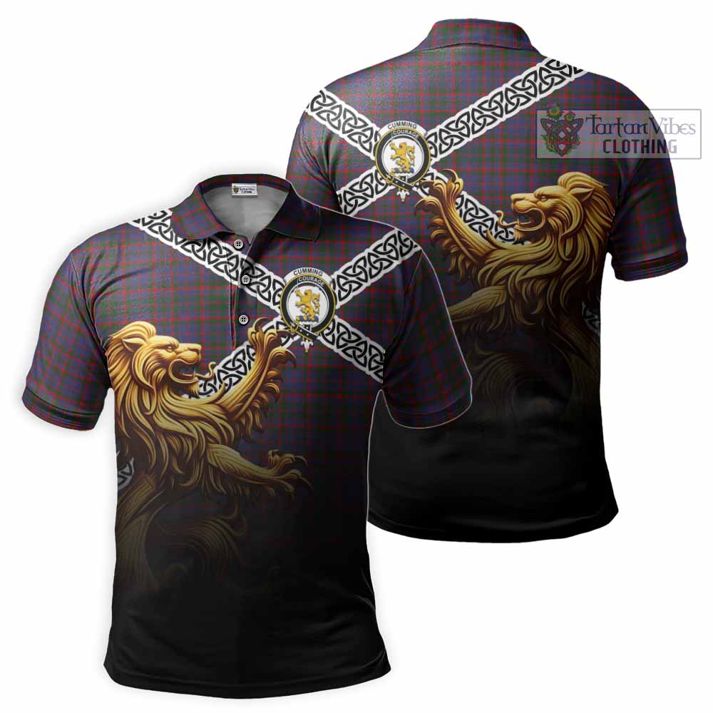 Tartan Vibes Clothing Cumming Crest Tartan Polo Shirt with Golden Lion Emblem Celtic Style