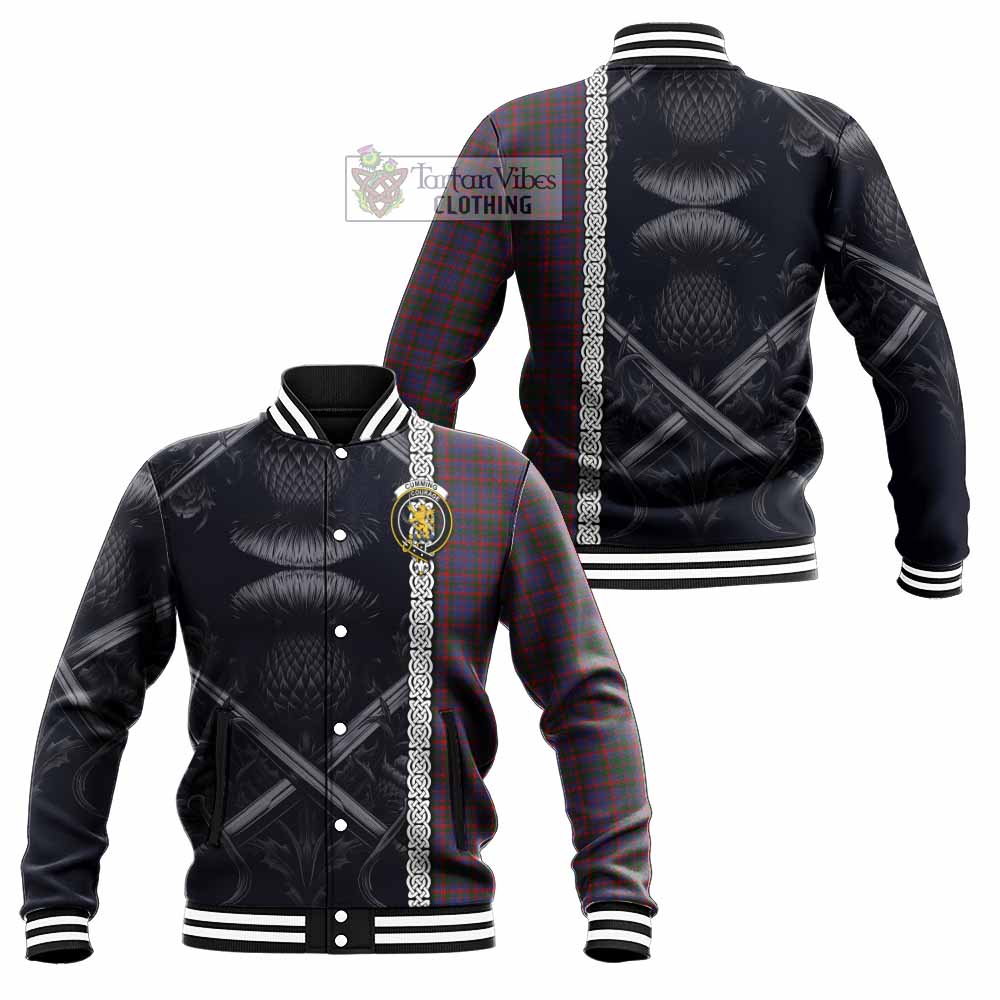 Tartan Vibes Clothing Cumming Tartan Baseball Jacket with Family Crest Cross Sword Thistle Celtic Vibes