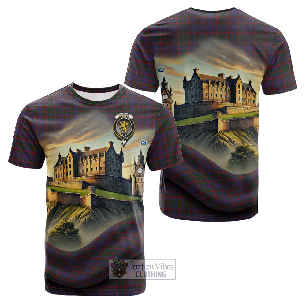 Tartan Vibes Clothing Cumming Tartan Family Crest Cotton T-shirt with Scottish Ancient Castle Style