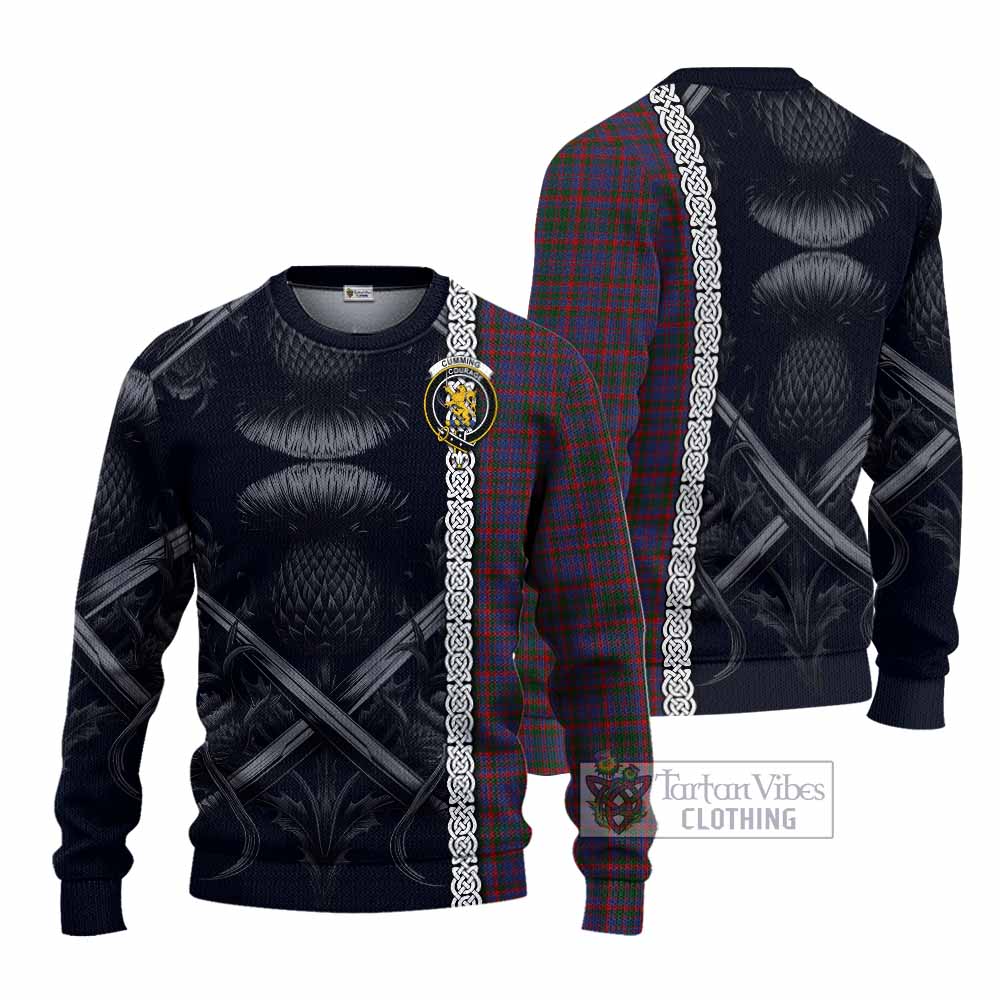 Tartan Vibes Clothing Cumming Tartan Knitted Sweater with Family Crest Cross Sword Thistle Celtic Vibes