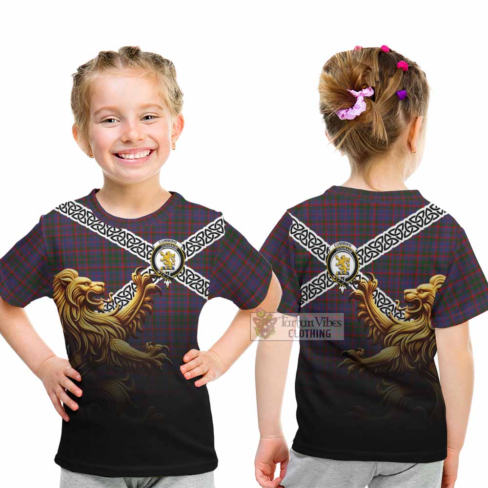 Tartan Vibes Clothing Cumming Crest Tartan Kid T-Shirt with Golden Lion Emblem Celtic Style