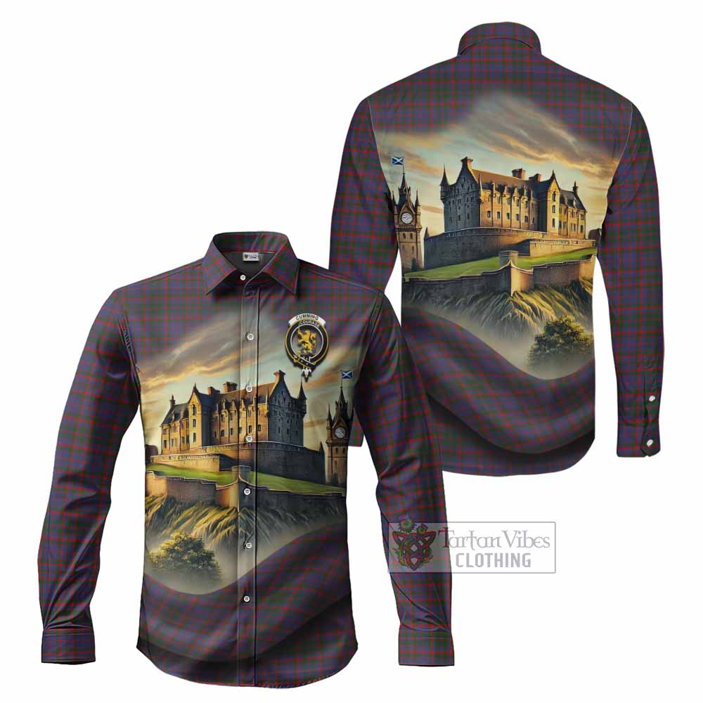 Tartan Vibes Clothing Cumming Tartan Family Crest Long Sleeve Button Shirt with Scottish Ancient Castle Style