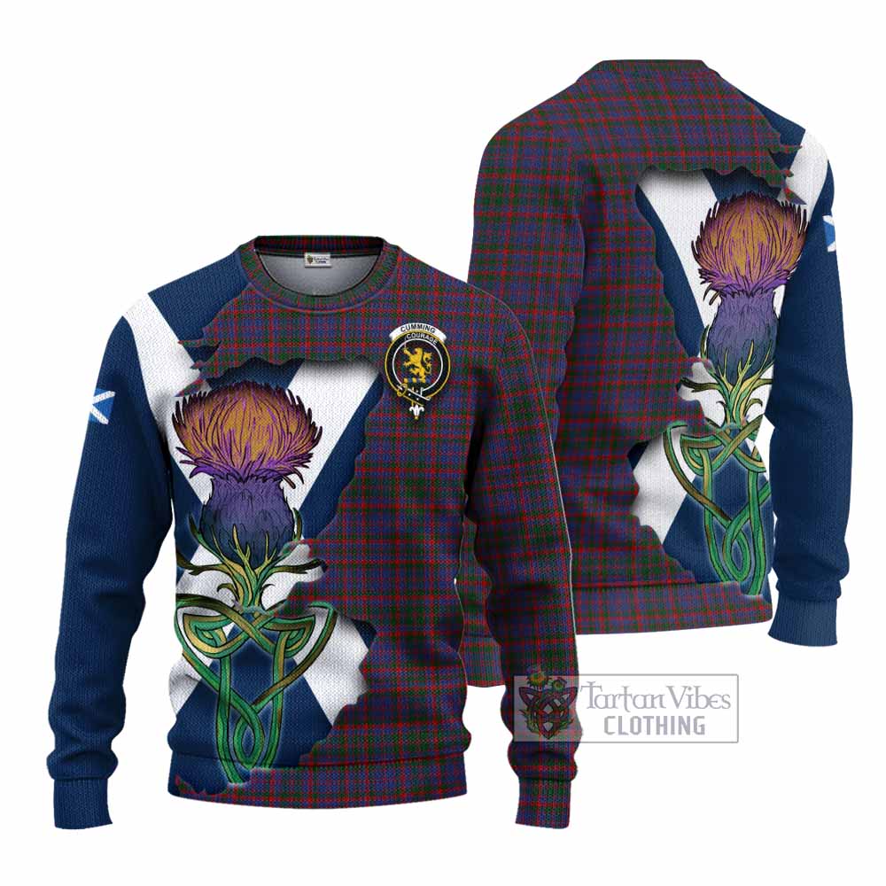 Tartan Vibes Clothing Cumming Tartan Family Crest Knitted Sweater Scottish Thistle Celtic Inspired