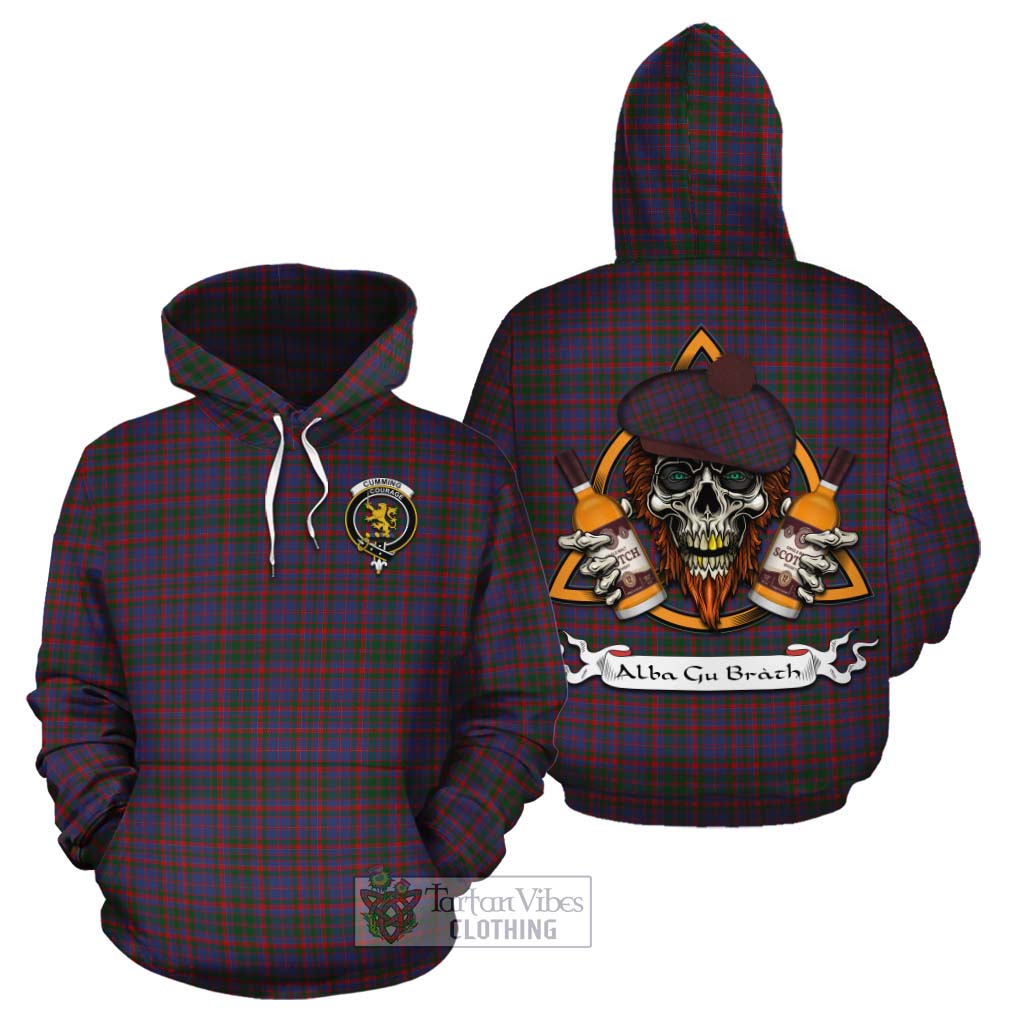 Tartan Vibes Clothing Cumming Tartan Cotton Hoodie with Family Crest and Bearded Skull Holding Bottles of Whiskey