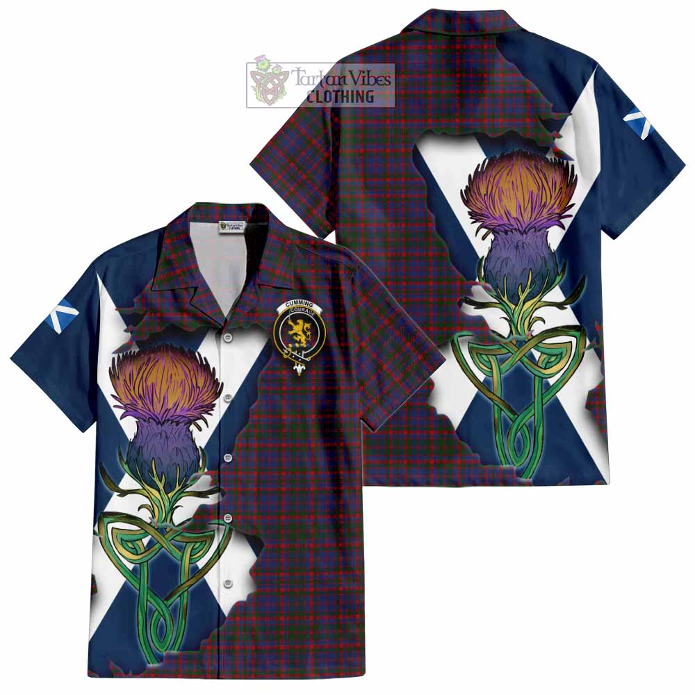 Tartan Vibes Clothing Cumming Tartan Family Crest Short Sleeve Button Shirt Scottish Thistle Celtic Inspired