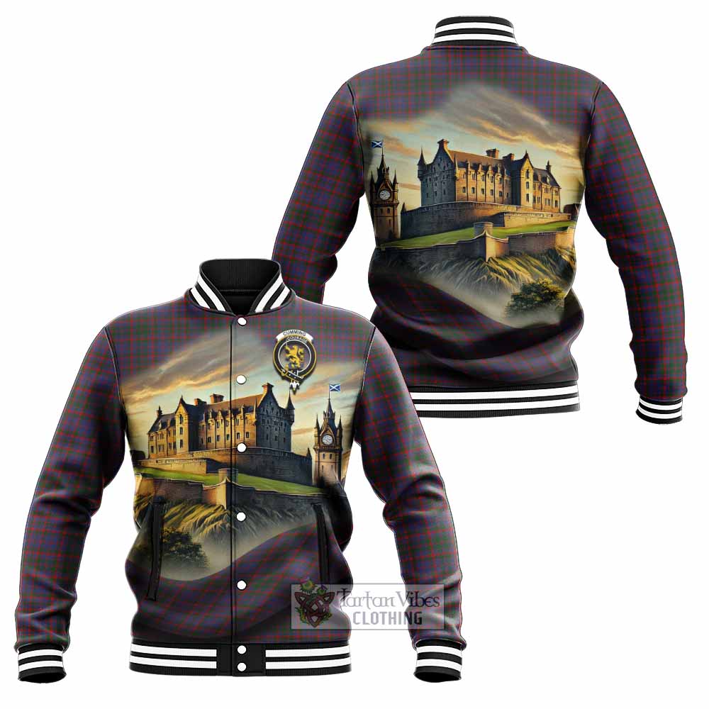 Tartan Vibes Clothing Cumming Tartan Family Crest Baseball Jacket with Scottish Ancient Castle Style