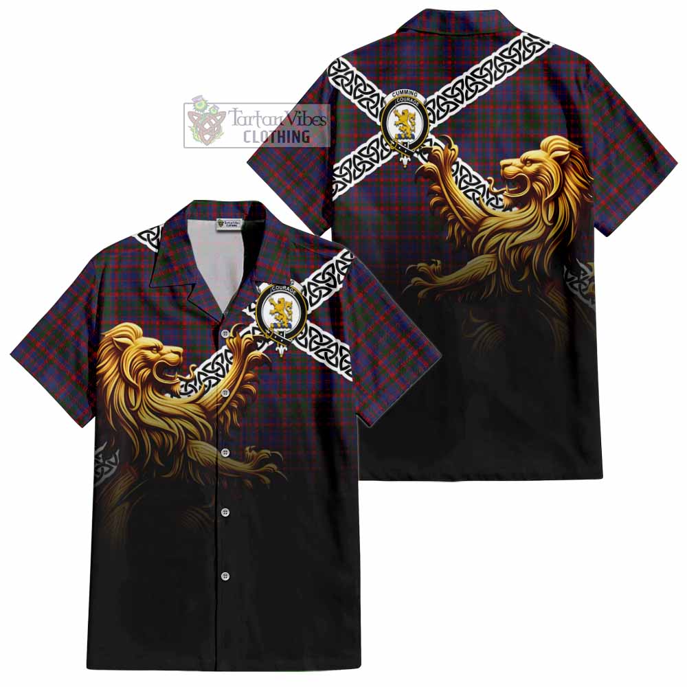 Tartan Vibes Clothing Cumming Crest Tartan Short Sleeve Button Shirt with Golden Lion Emblem Celtic Style