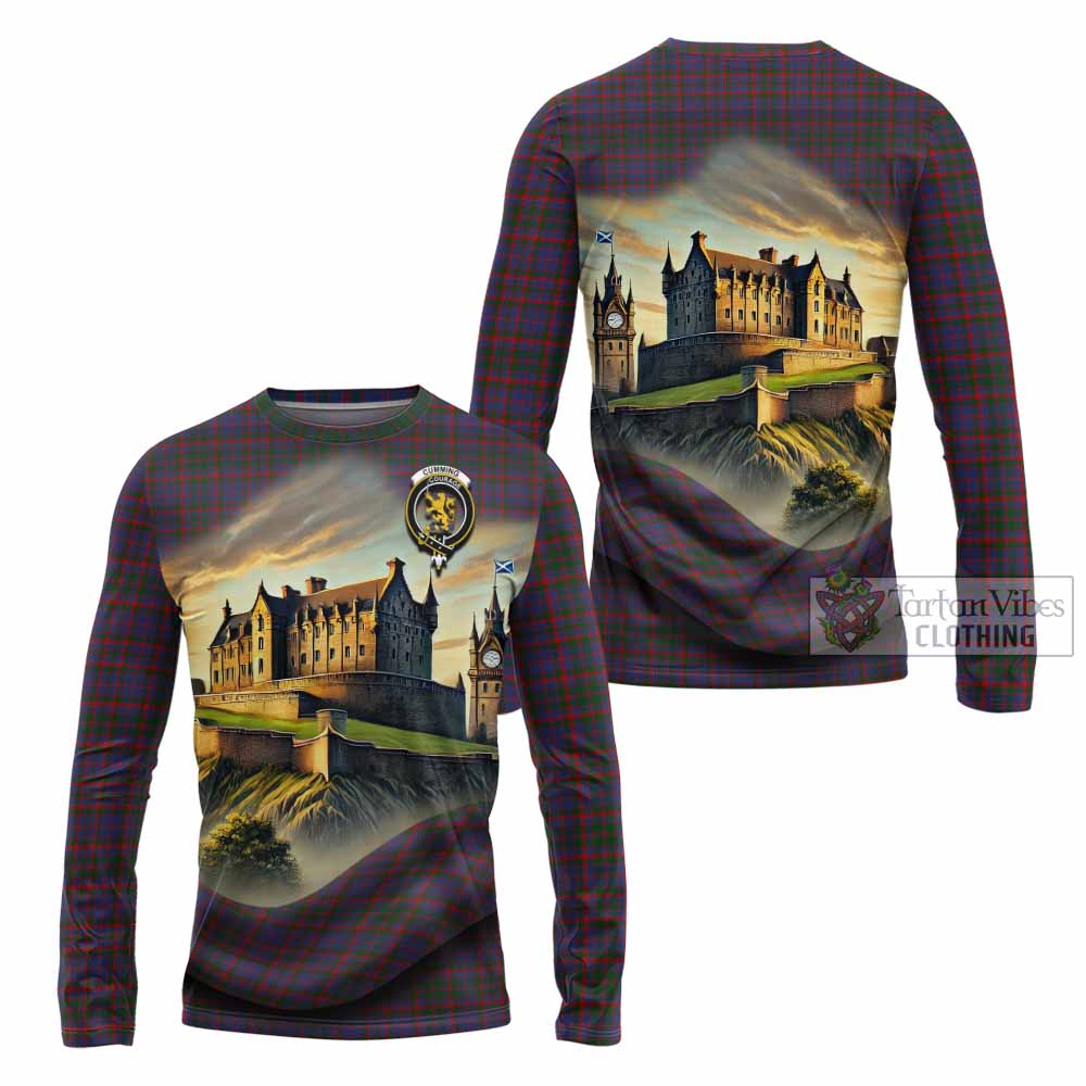 Tartan Vibes Clothing Cumming Tartan Family Crest Long Sleeve T-Shirt with Scottish Ancient Castle Style