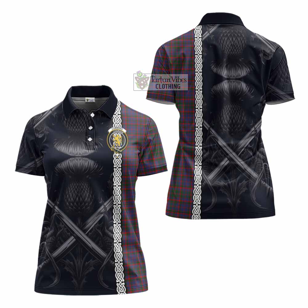 Tartan Vibes Clothing Cumming Tartan Women's Polo Shirt with Family Crest Cross Sword Thistle Celtic Vibes