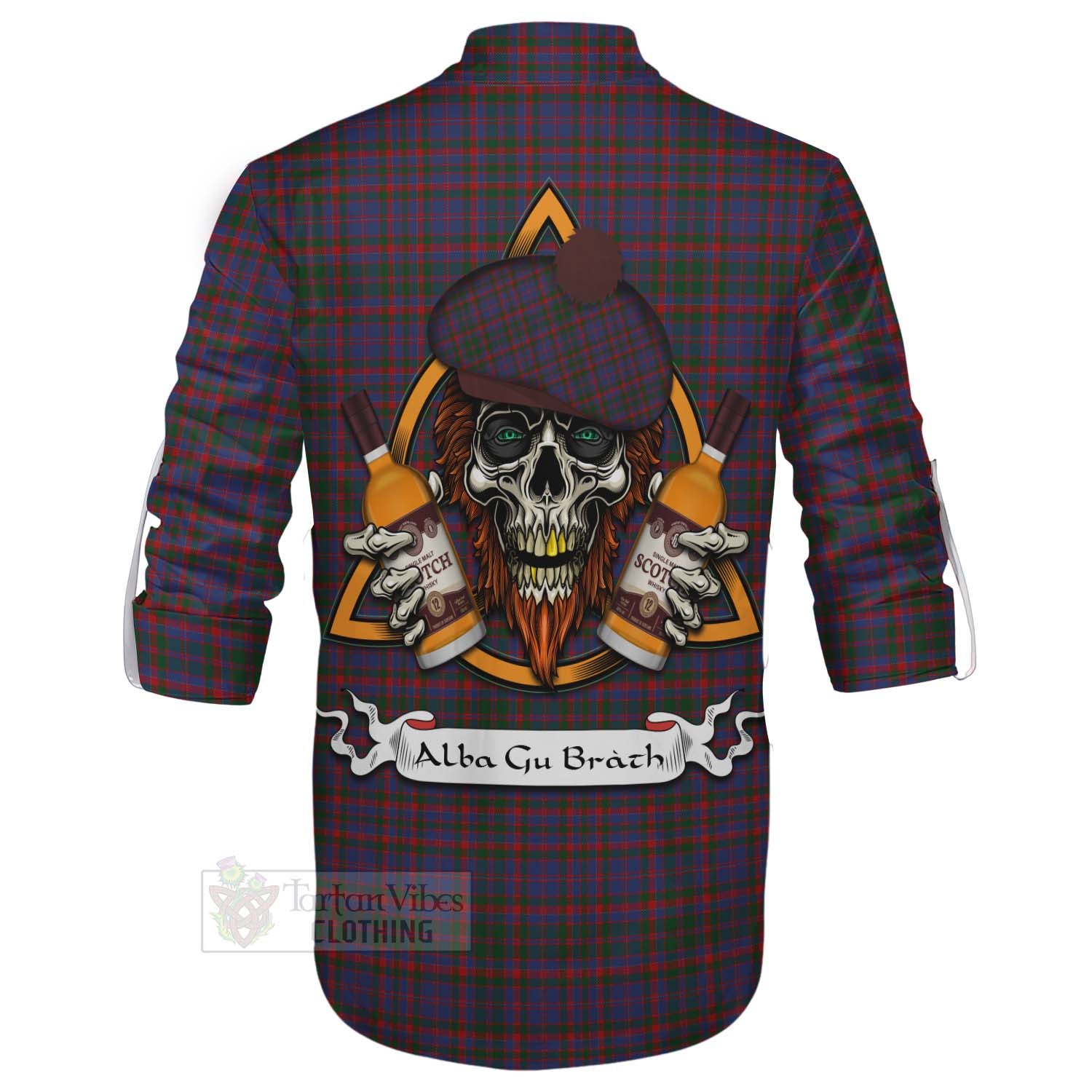 Tartan Vibes Clothing Cumming Tartan Ghillie Kilt Shirt with Family Crest and Bearded Skull Holding Bottles of Whiskey