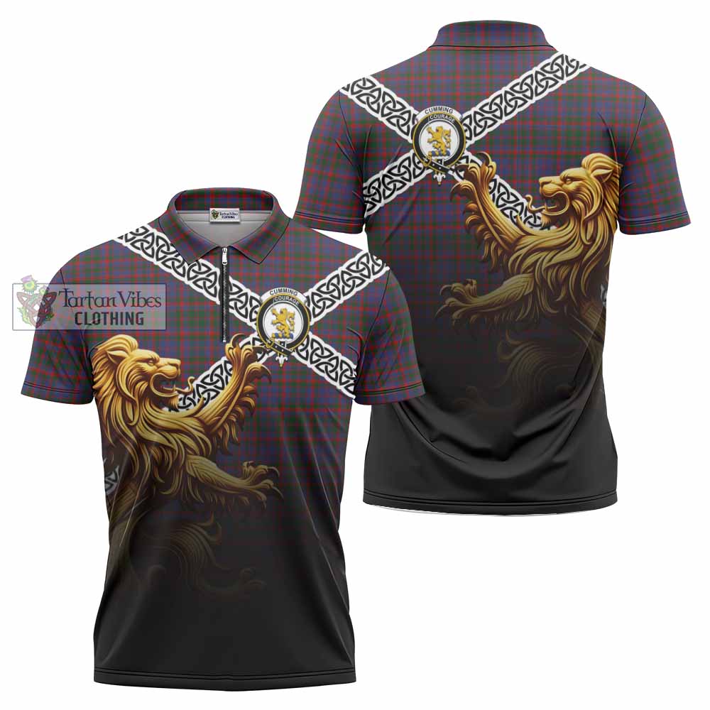 Cumming Crest Tartan Zipper Polo Shirt with Golden Lion Emblem Celtic Style - Tartan Vibes Clothing