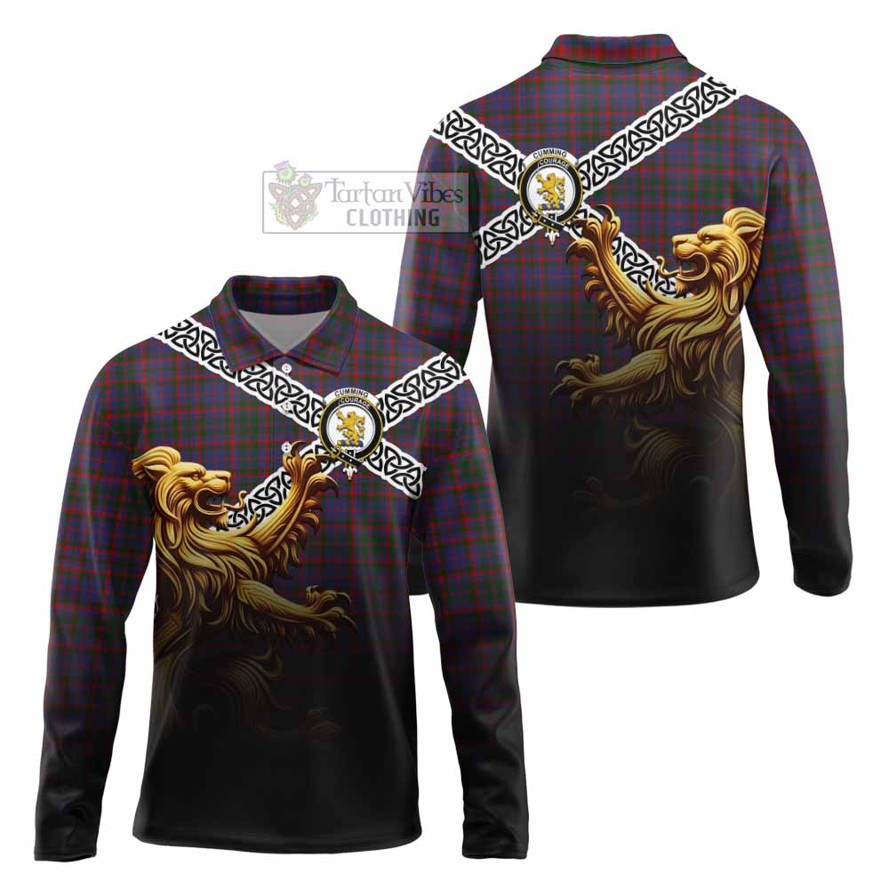 Tartan Vibes Clothing Cumming Crest Tartan Long Sleeve Polo Shirt with Golden Lion Emblem Celtic Style