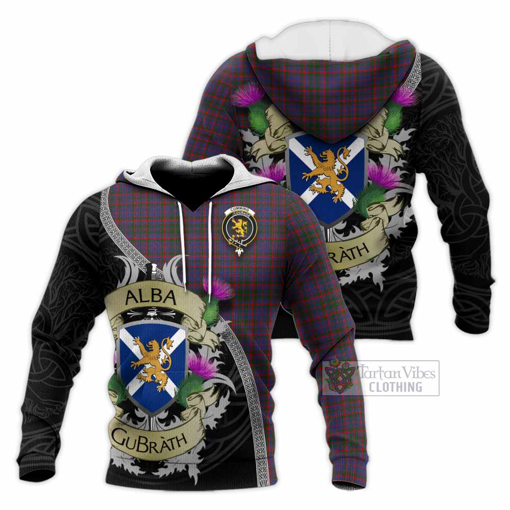 Tartan Vibes Clothing Cumming Tartan Family Crest Knitted Hoodie Lion Rampant Royal Thistle Shield Celtic Inspired