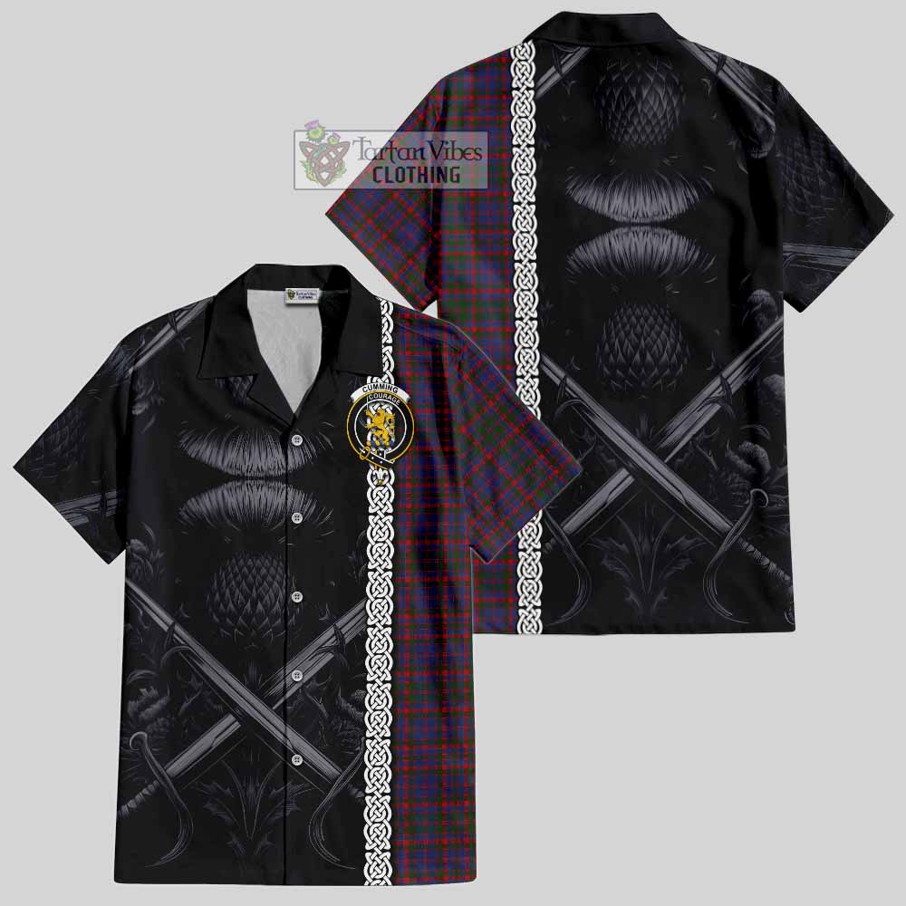 Tartan Vibes Clothing Cumming Tartan Short Sleeve Button Shirt with Family Crest Cross Sword Thistle Celtic Vibes