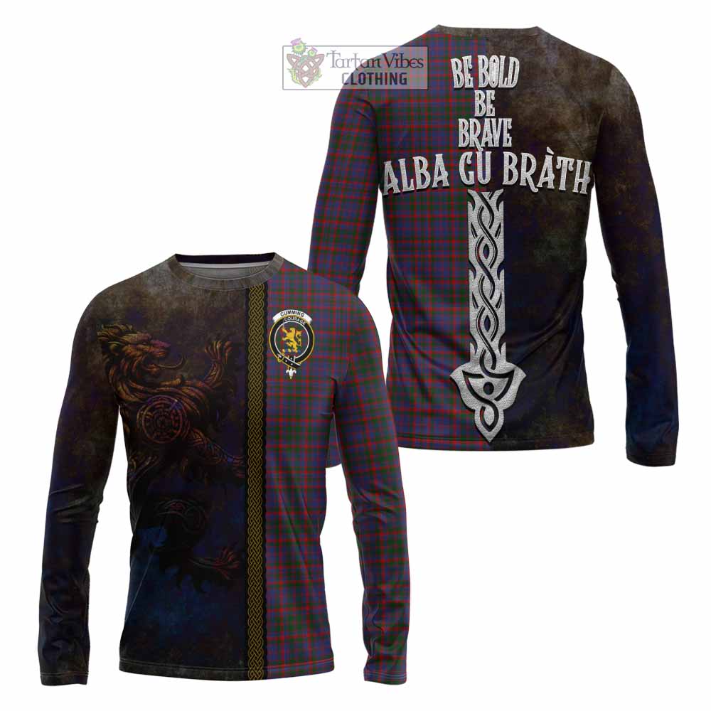 Tartan Vibes Clothing Cumming Tartan Family Crest Long Sleeve T-Shirt Alba Gu Brath Be Brave Lion Ancient Style
