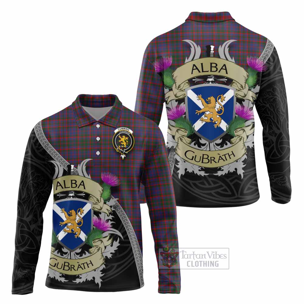 Tartan Vibes Clothing Cumming Tartan Family Crest Long Sleeve Polo Shirt Lion Rampant Royal Thistle Shield Celtic Inspired