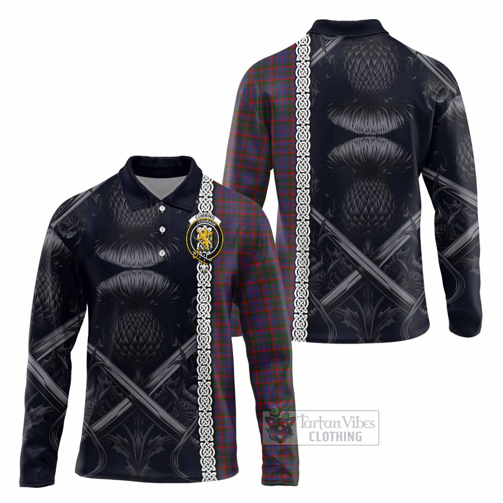 Tartan Vibes Clothing Cumming Tartan Long Sleeve Polo Shirt with Family Crest Cross Sword Thistle Celtic Vibes