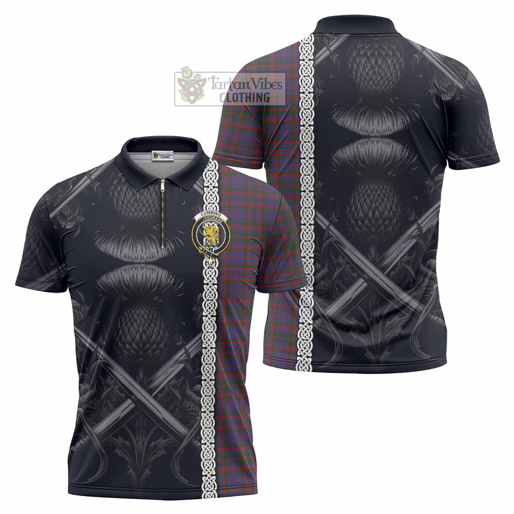 Tartan Vibes Clothing Cumming Tartan Zipper Polo Shirt with Family Crest Cross Sword Thistle Celtic Vibes