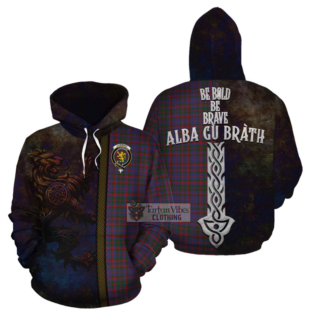 Tartan Vibes Clothing Cumming Tartan Family Crest Cotton Hoodie Alba Gu Brath Be Brave Lion Ancient Style