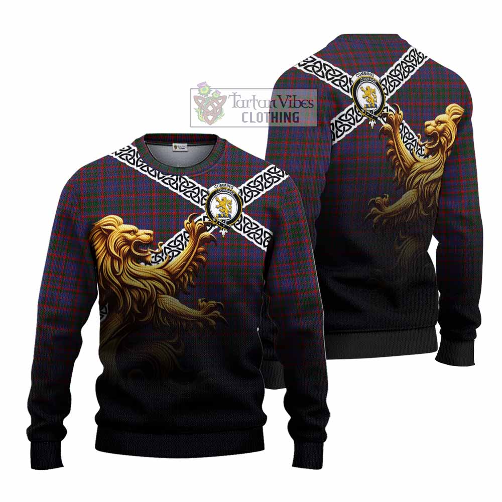 Tartan Vibes Clothing Cumming Crest Tartan Knitted Sweater with Golden Lion Emblem Celtic Style