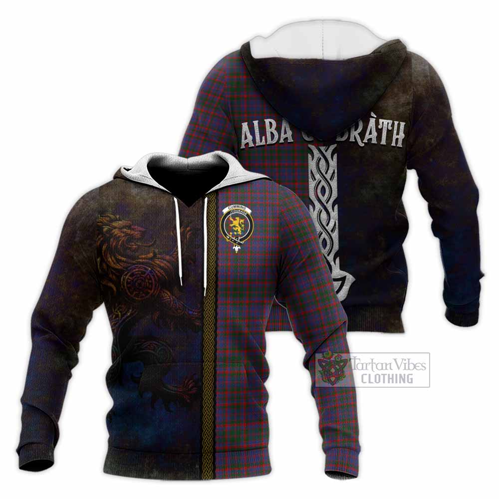 Tartan Vibes Clothing Cumming Tartan Family Crest Knitted Hoodie Alba Gu Brath Be Brave Lion Ancient Style