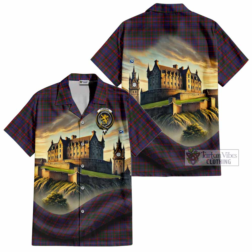 Tartan Vibes Clothing Cumming Tartan Family Crest Short Sleeve Button Shirt with Scottish Ancient Castle Style