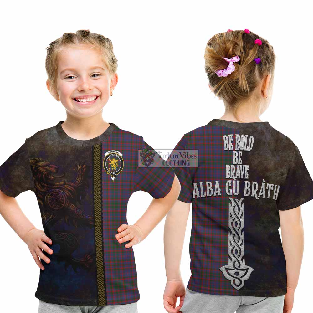 Tartan Vibes Clothing Cumming Tartan Family Crest Kid T-Shirt Alba Gu Brath Be Brave Lion Ancient Style