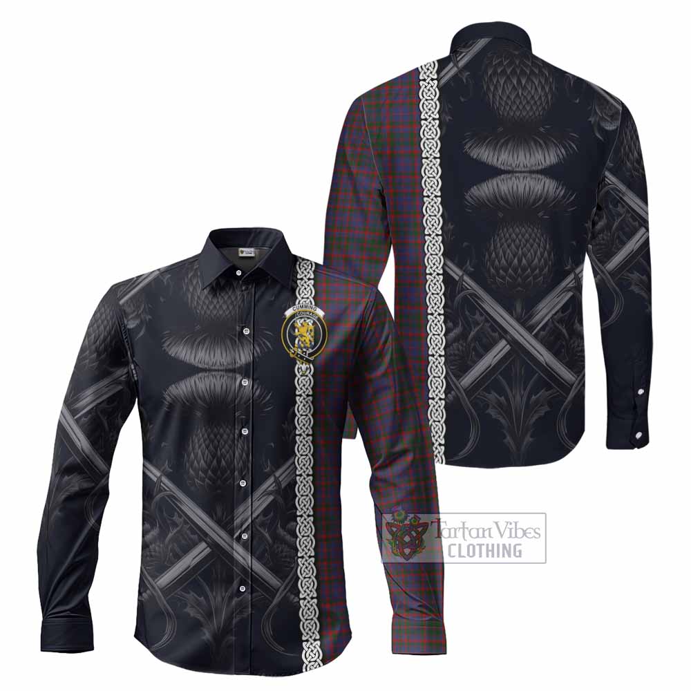 Tartan Vibes Clothing Cumming Tartan Long Sleeve Button Shirt with Family Crest Cross Sword Thistle Celtic Vibes