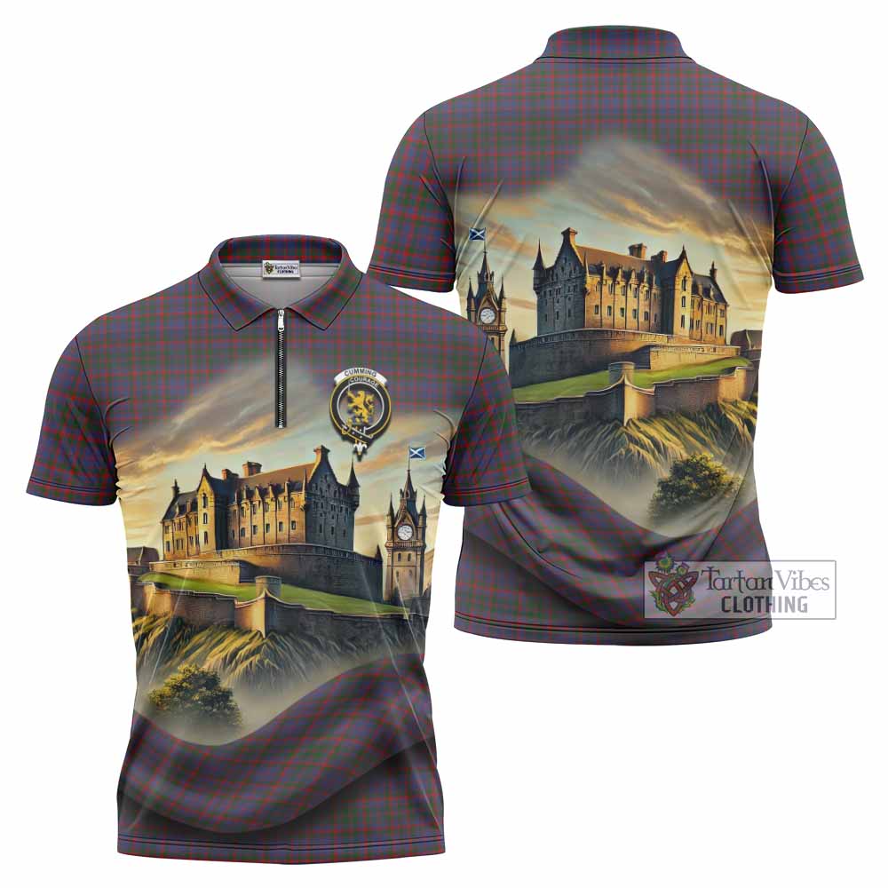 Tartan Vibes Clothing Cumming Tartan Family Crest Zipper Polo Shirt with Scottish Ancient Castle Stype