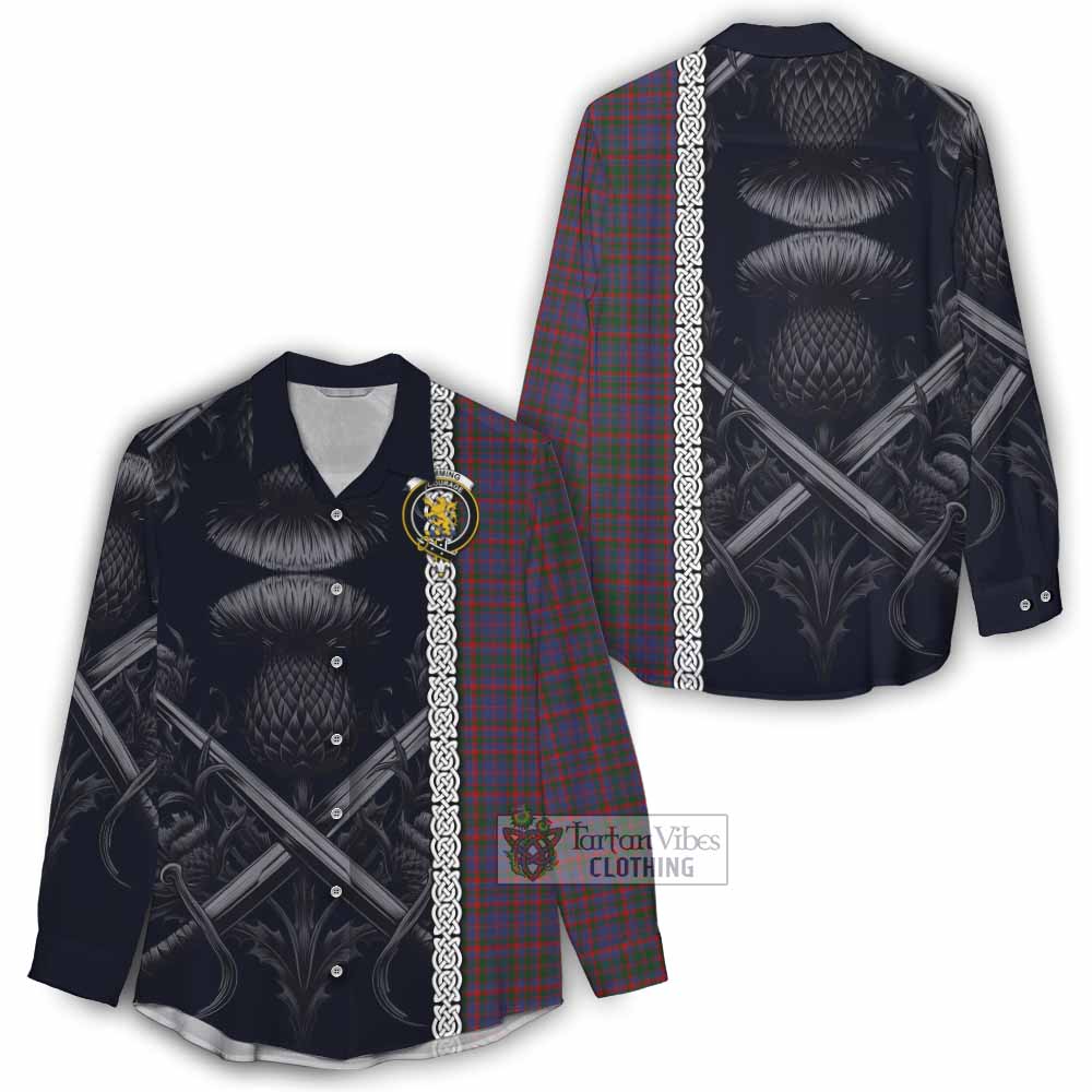 Tartan Vibes Clothing Cumming Tartan Women's Casual Shirt with Family Crest Cross Sword Thistle Celtic Vibes