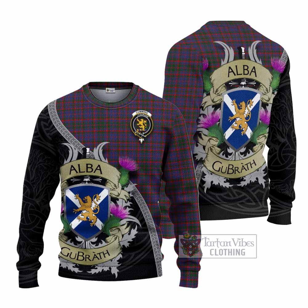 Tartan Vibes Clothing Cumming Tartan Family Crest Knitted Sweater Lion Rampant Royal Thistle Shield Celtic Inspired