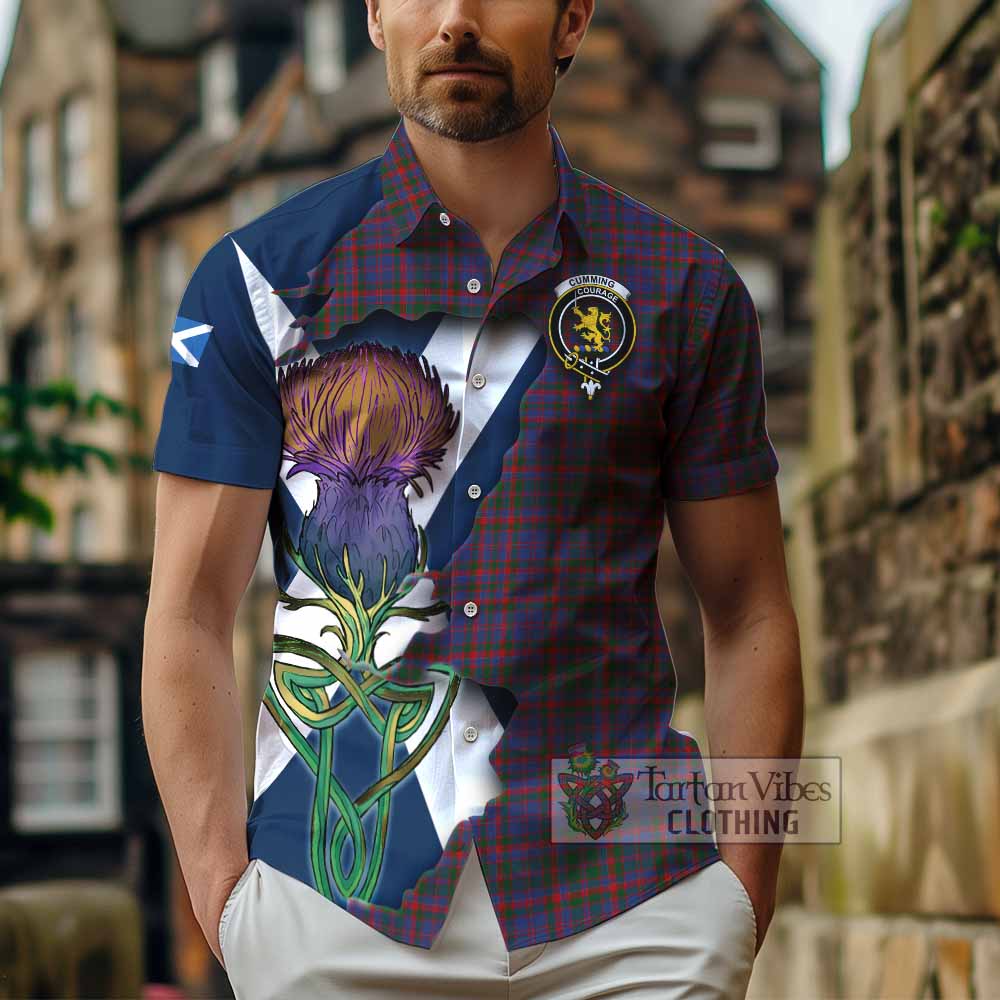Tartan Vibes Clothing Cumming Tartan Family Crest Short Sleeve Button Shirt Scottish Thistle Celtic Inspired
