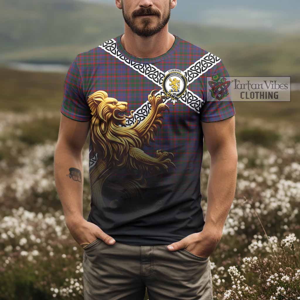 Tartan Vibes Clothing Cumming Crest Tartan T-Shirt with Golden Lion Emblem Celtic Style