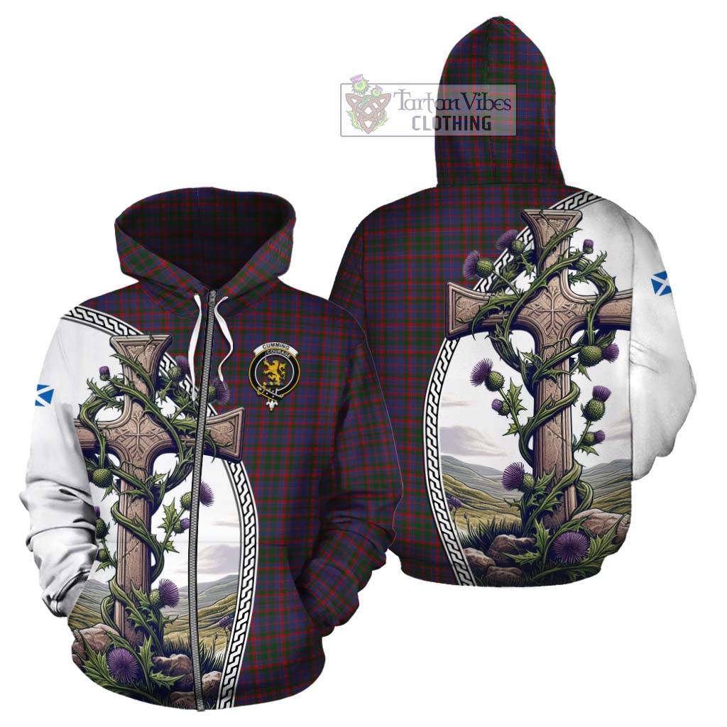 Tartan Vibes Clothing Cumming Tartan Cotton Hoodie with Family Crest and St. Andrew's Cross Accented by Thistle Vines