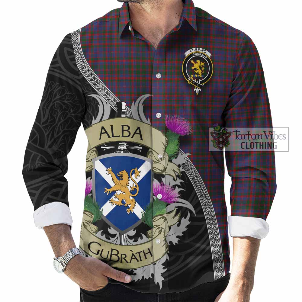 Tartan Vibes Clothing Cumming Tartan Family Crest Long Sleeve Button Shirt Lion Rampant Royal Thistle Shield Celtic Inspired