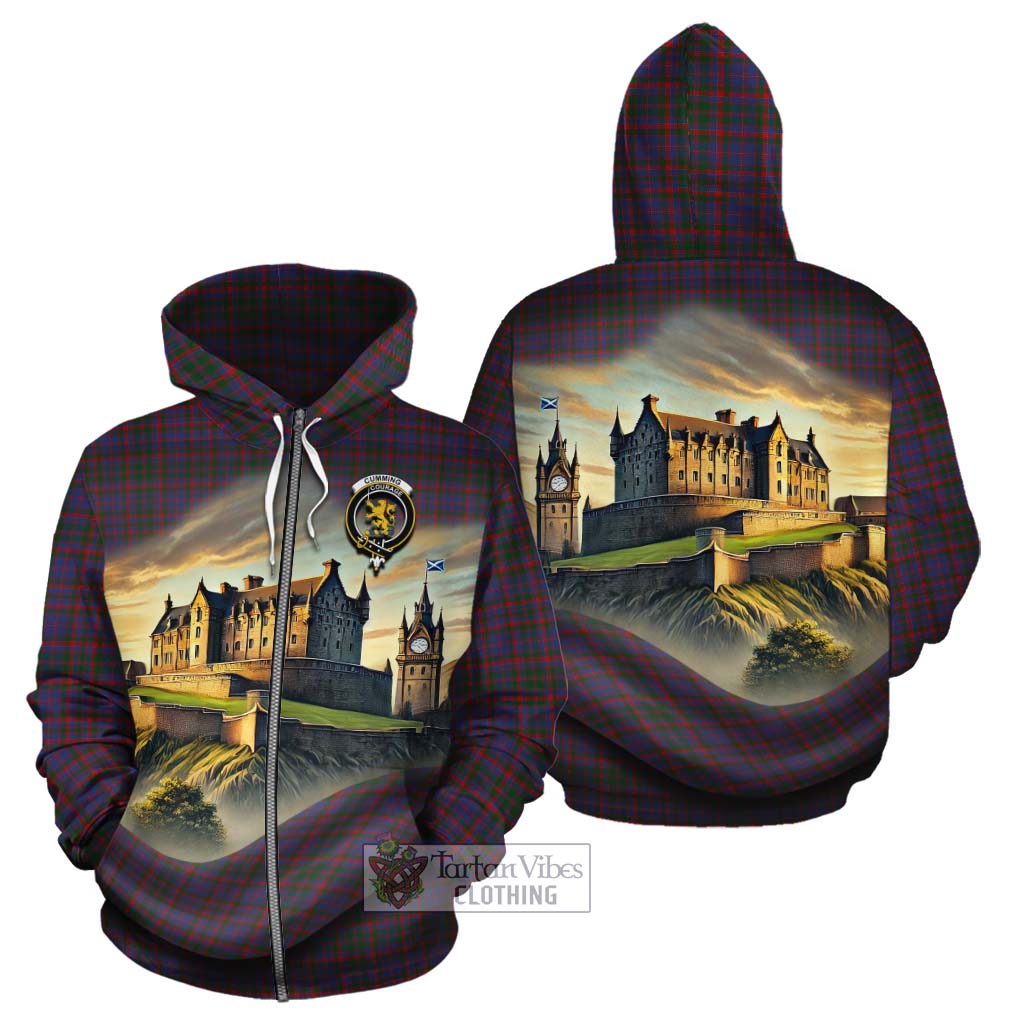 Tartan Vibes Clothing Cumming Tartan Family Crest Cotton Hoodie with Scottish Ancient Castle Style