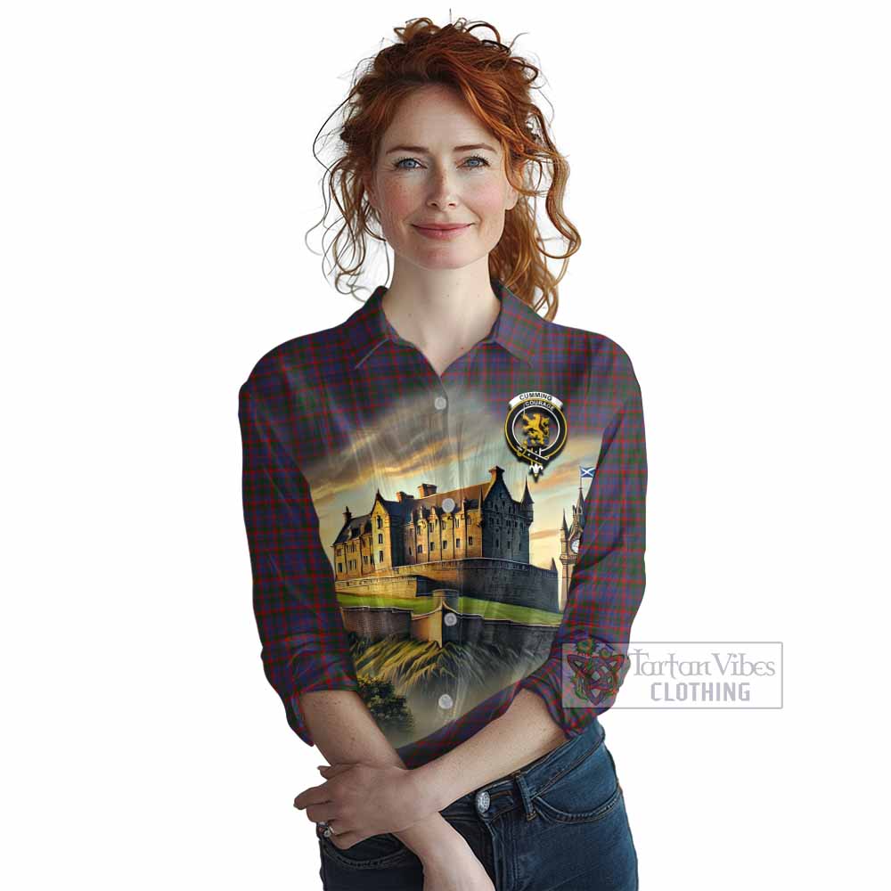 Tartan Vibes Clothing Cumming Tartan Family Crest Women's Casual Shirt with Scottish Ancient Castle Style