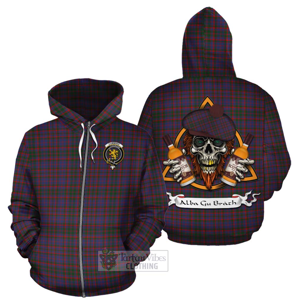 Tartan Vibes Clothing Cumming Tartan Cotton Hoodie with Family Crest and Bearded Skull Holding Bottles of Whiskey