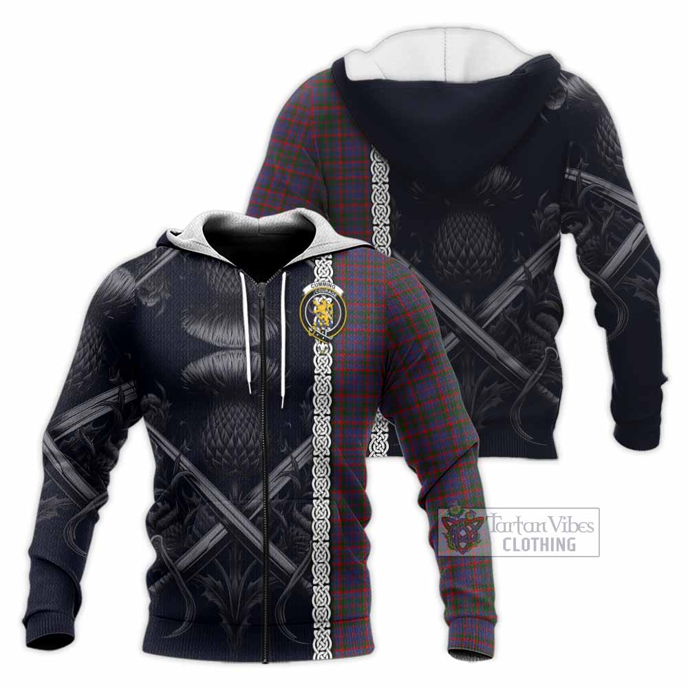 Tartan Vibes Clothing Cumming Tartan Knitted Hoodie with Family Crest Cross Sword Thistle Celtic Vibes
