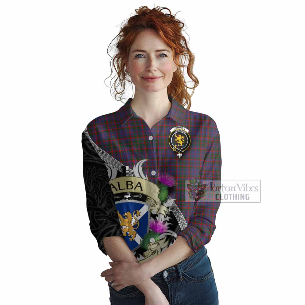 Tartan Vibes Clothing Cumming Tartan Family Crest Women's Casual Shirt Lion Rampant Royal Thistle Shield Celtic Inspired