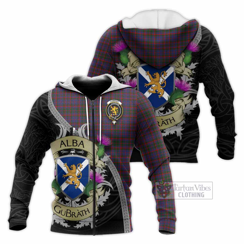 Tartan Vibes Clothing Cumming Tartan Family Crest Knitted Hoodie Lion Rampant Royal Thistle Shield Celtic Inspired