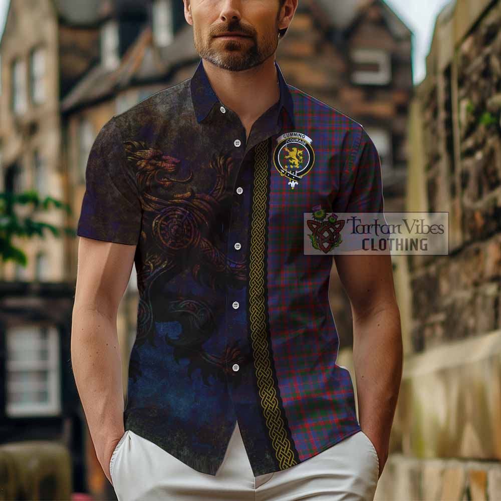 Tartan Vibes Clothing Cumming Tartan Family Crest Short Sleeve Button Shirt Alba Gu Brath Be Brave Lion Ancient Style