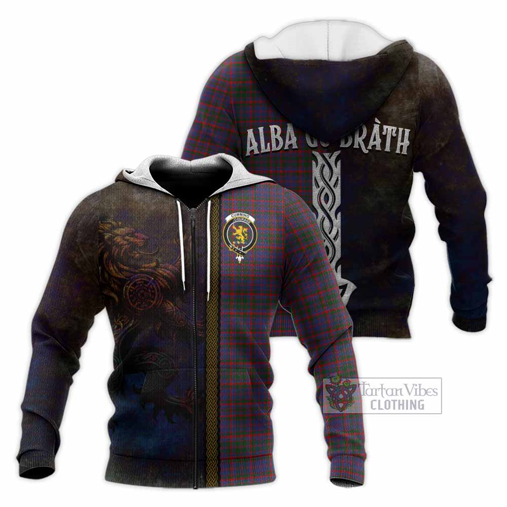 Tartan Vibes Clothing Cumming Tartan Family Crest Knitted Hoodie Alba Gu Brath Be Brave Lion Ancient Style