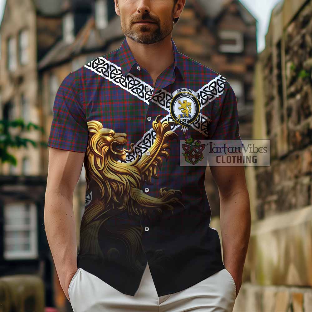 Tartan Vibes Clothing Cumming Crest Tartan Short Sleeve Button Shirt with Golden Lion Emblem Celtic Style