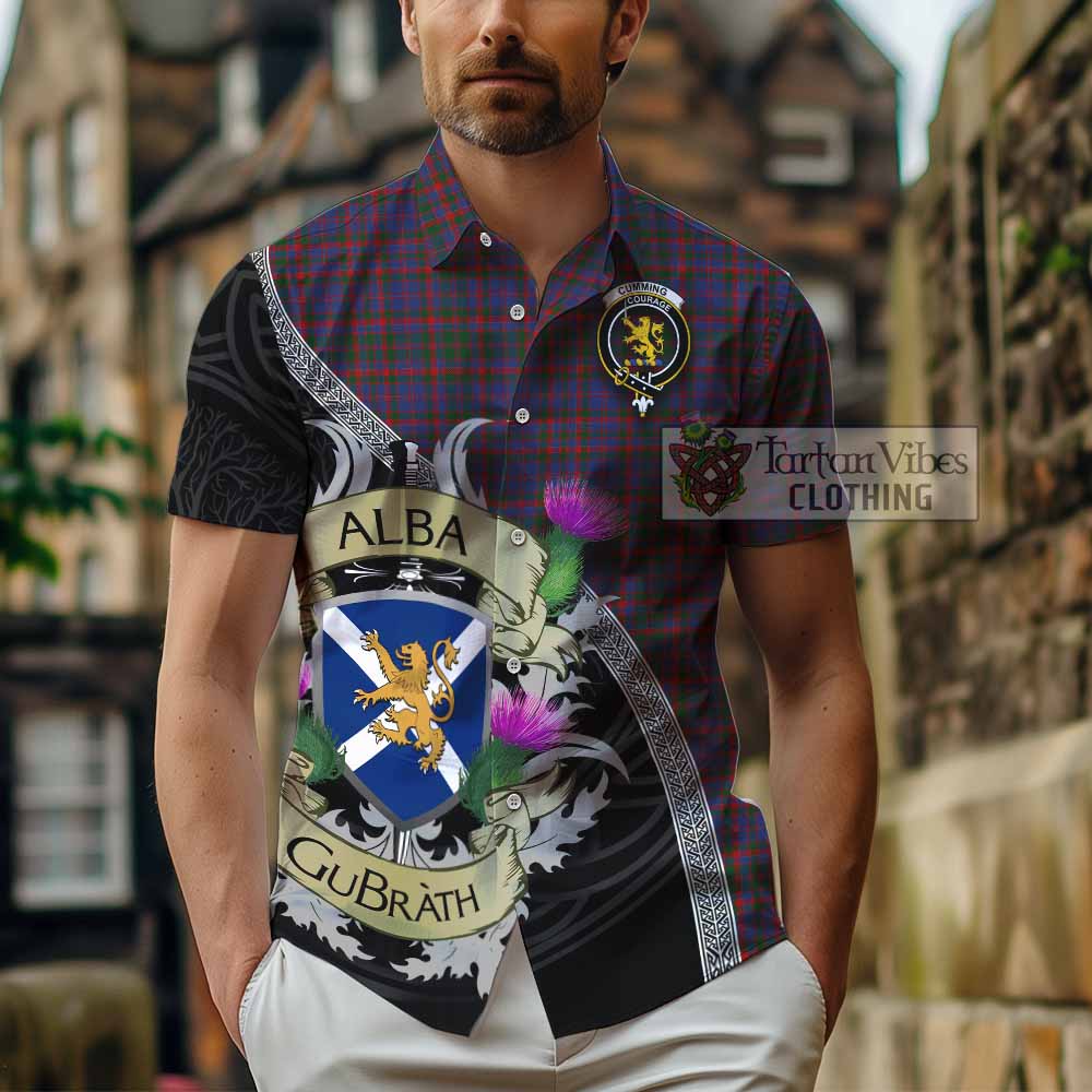 Tartan Vibes Clothing Cumming Tartan Family Crest Short Sleeve Button Shirt Lion Rampant Royal Thistle Shield Celtic Inspired